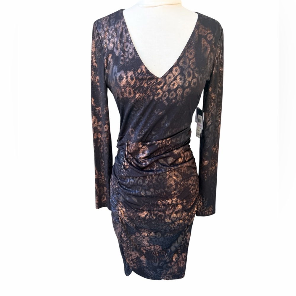 NWT GUESS Bodycon Sheath Dress Sz 6 Black Bronze Metallic Abstract Print